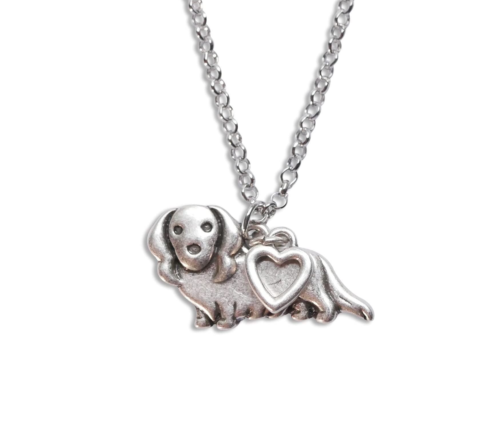 Long Hair Dachshund Charm Necklace, Long Haired Wiener Dog Pet Lover Gift, Silver Metal with Heart Pendant on a Chain, Ladies I Love Hot Dog Datsun