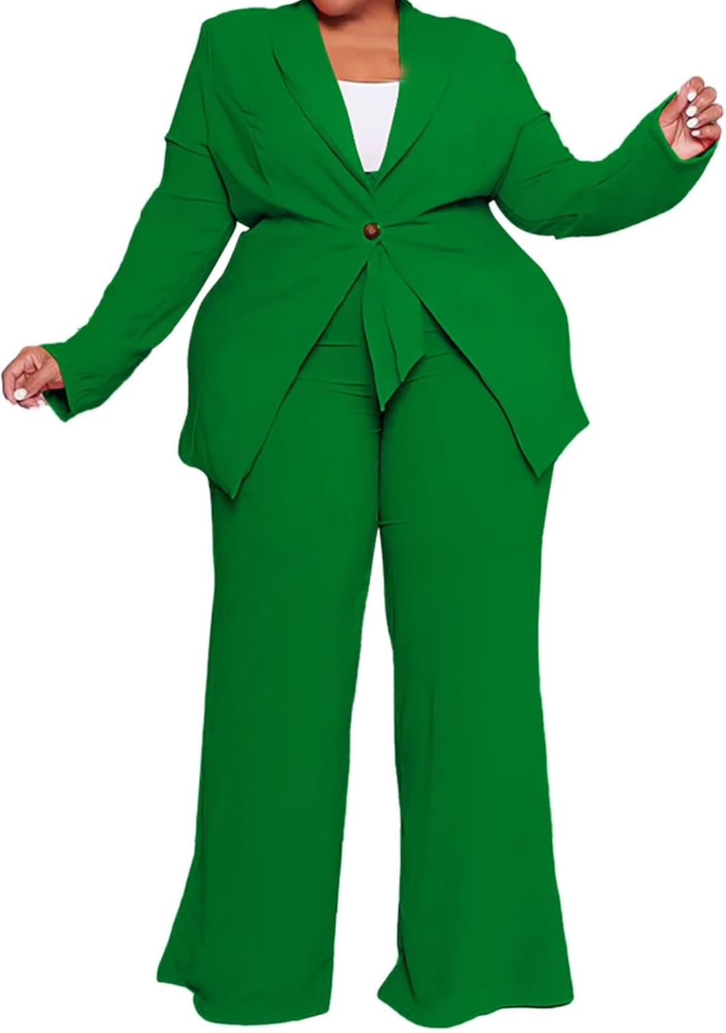 IyMoo Plus Size Suits for Women Business Open Front Long Sleeve Blazer Elastic Waist Solid Straight Leg Pant Set Suits