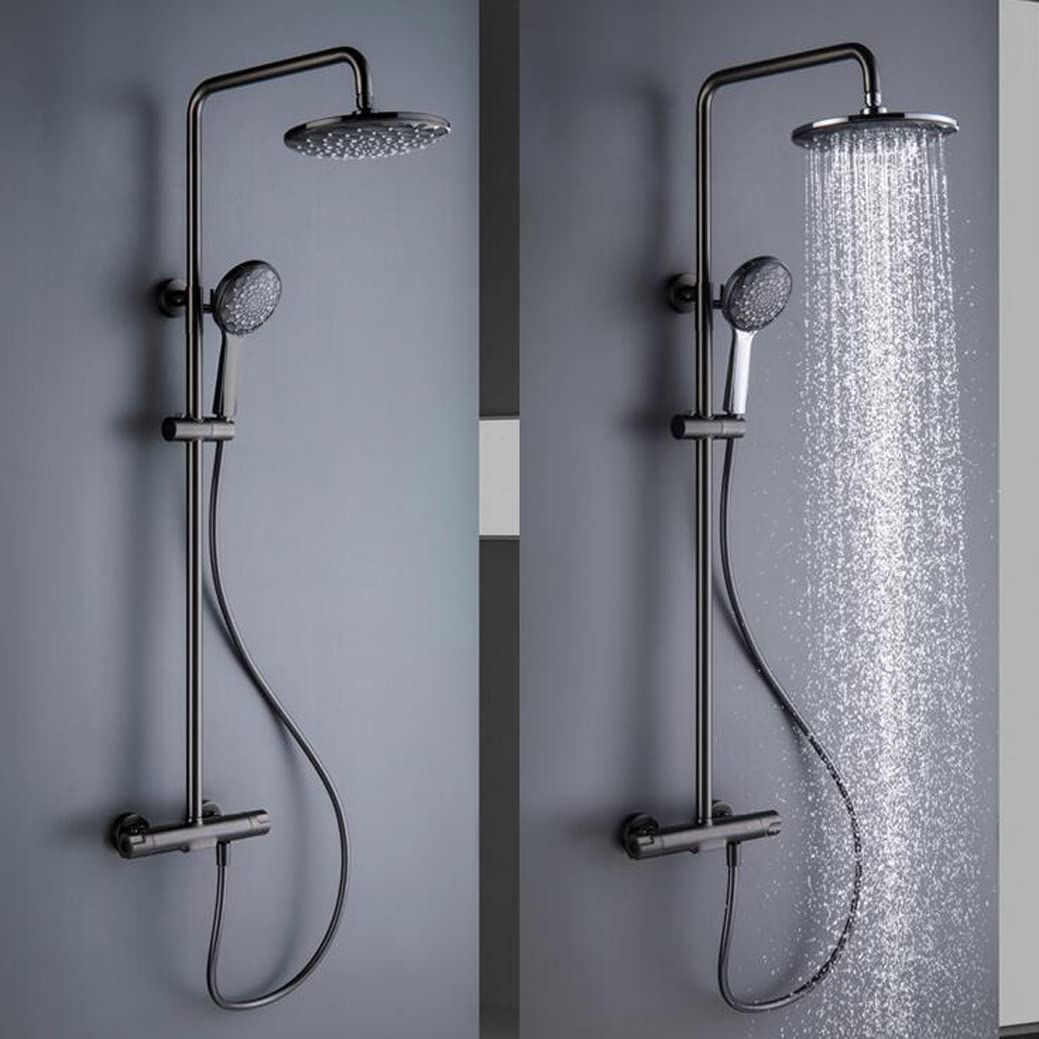 Luksusowy termostatyczny system prysznicowy - szara mosiężna bateria inwerterowa, ścienna głowica prysznicowa z deszczownicą i prysznicem do łazienki, elegancka bateria przeciwdeszczowa