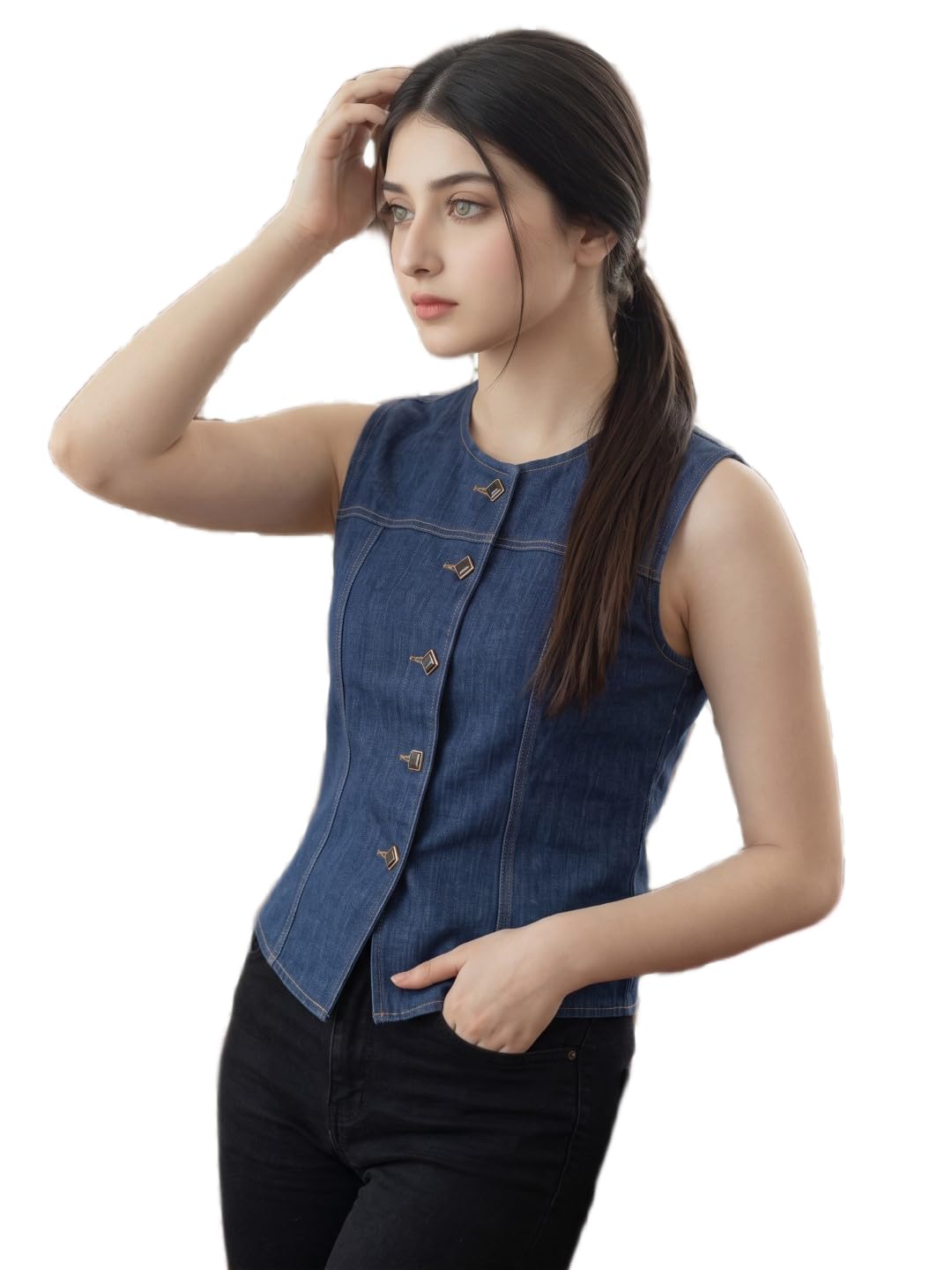 Sleeveless Denim Shirt-Vest with Ornate Buttons-picture-32