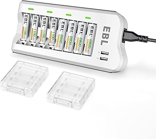 EBL Upgraded USB Outputs 8 Bays AA AAA Battery Charger with 8 Counts Rechargeable Batteries (4 X 2800mAh AA and 4 X 1100mAh AAA)
