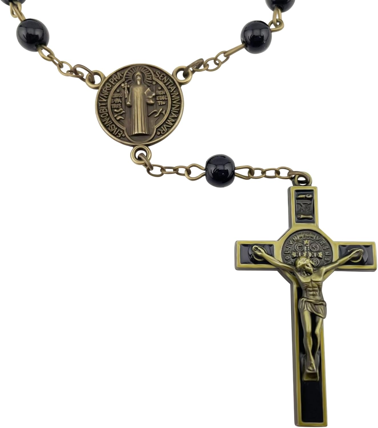 Catholic One Decade Car Rosary for Rear-View Mirror Bronze Auto Rosary Black Glass Beads St Benedict Centerpiece Religious Gift Car Truck Travel Protection - Image 5