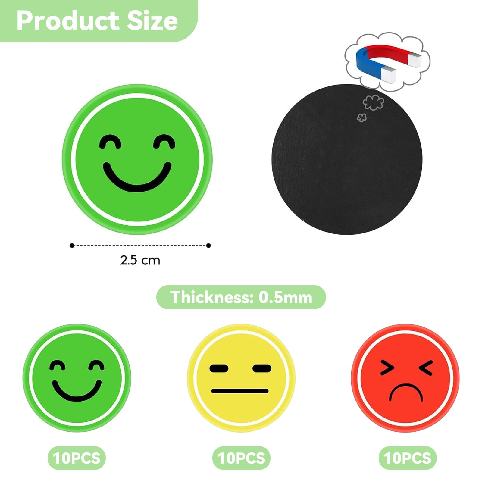 30 sztuk okrągłych magnesów Smileys ø 2,5 cm śmieszne kolorowe magnesy emotikony magnesy na lodówkę dla dzieci z pudełkiem do przechowywania nastroju, grafiki nagrody, do tablic klasowych biur