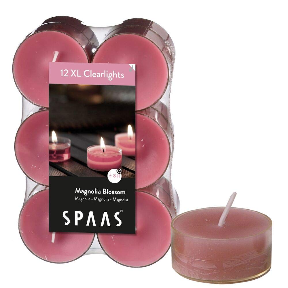 Spaas 12 Maxi Scented Tealights in Transparent Clear Cup, 8 Hours, Magnolia Blossom