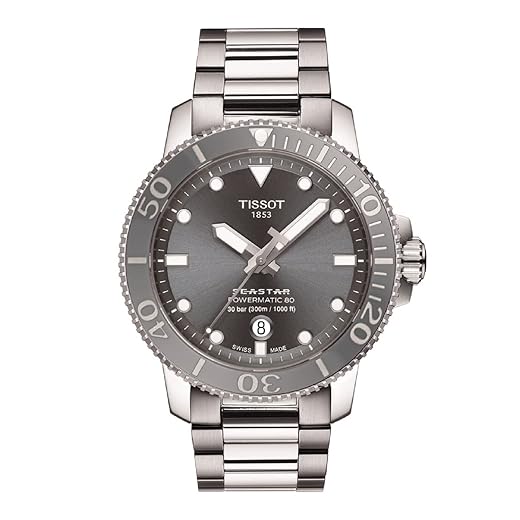 Tissot Relógio masculino Seastar 1000 Powermatic 80 316L caixa de aço inoxidável suíço automático, cinza, aço inoxidável, 21 (T1204071108101), Cinza, Esportivo