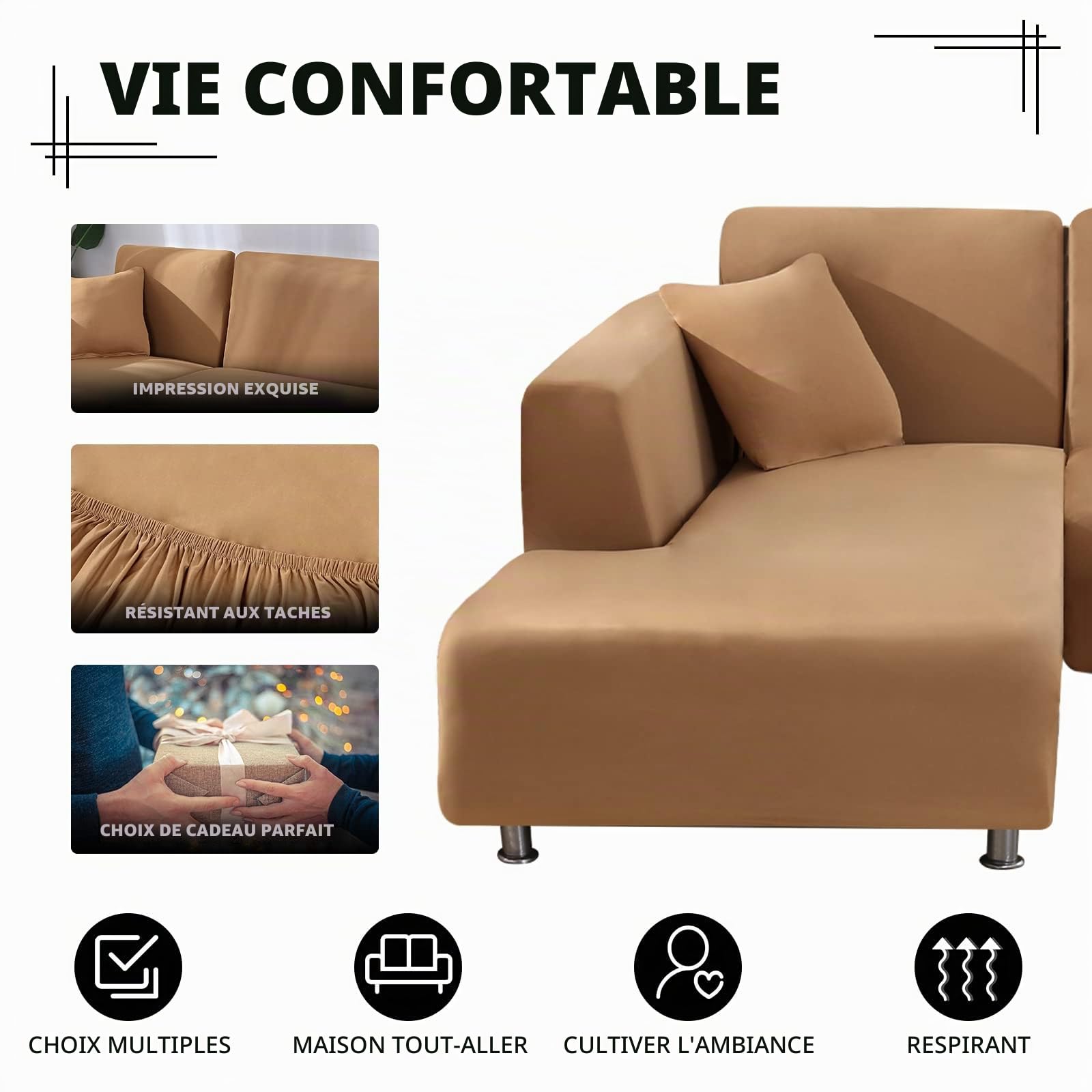Lydevo Housse de Canapé d'angle Extensible 2 Pièces Housse de Canapé vec Accoudoirs Convertible avec Deux Taies d'oreiller Couverture de Canapé d'angle Forme de L Revêtement Canapé,Chameau