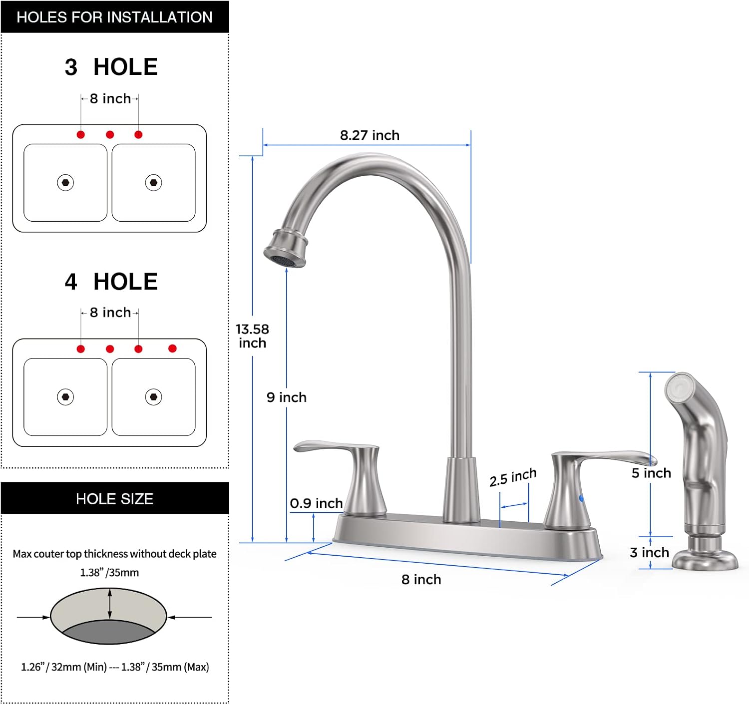GOWIN Brushed Nickel Kitchen Faucet with Side Sprayer, Two Handle High Arc 4 Holes 8 Inch Centerset Stainless Steel Kitchen Sink Faucet with Pull Out Sprayer,Grifos De Cocina