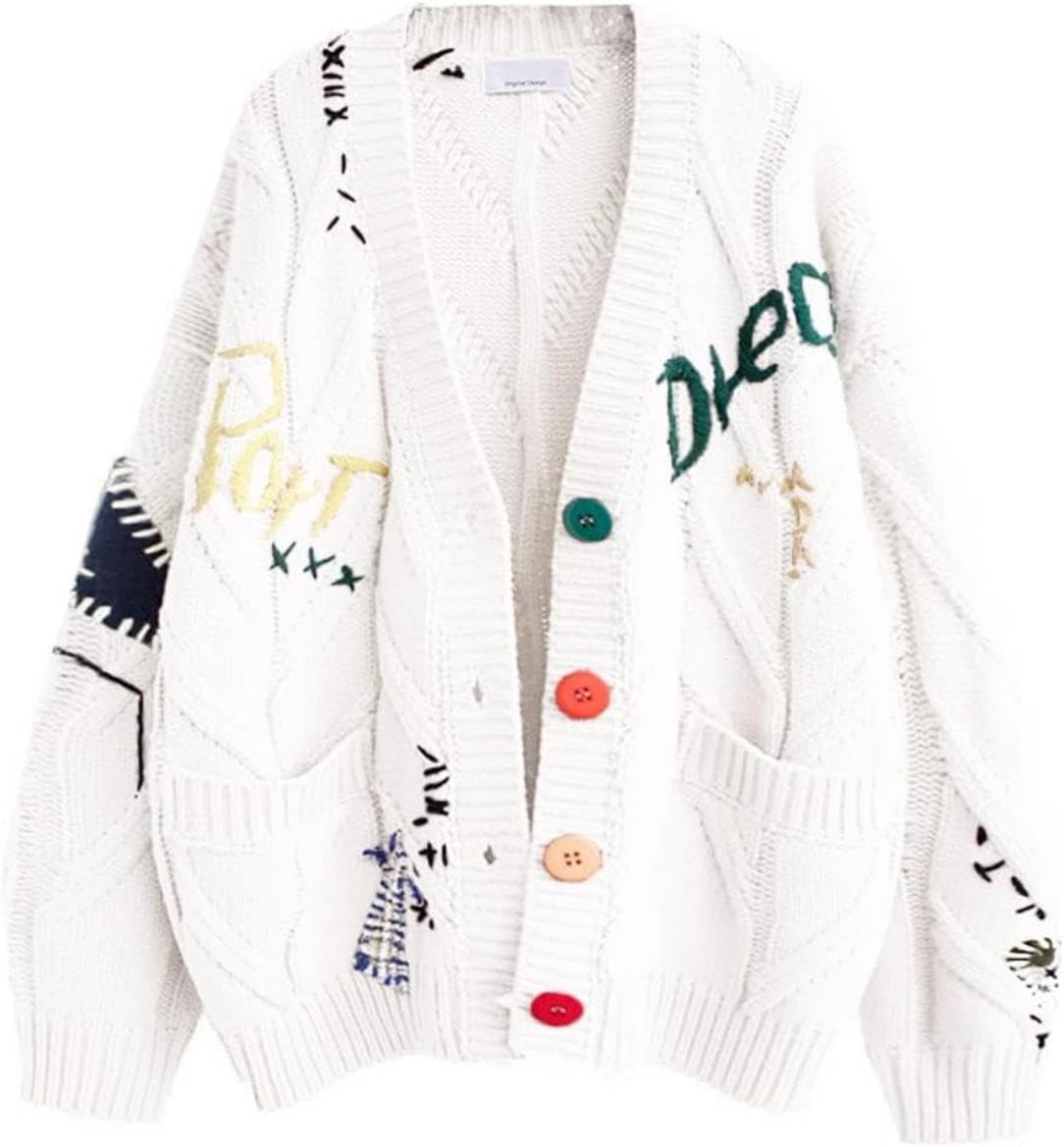 yoeasy Womens Embroidery V Neck Knit Cardigan Sweater Loose Open Front Button Down Long Sleeve Sweater