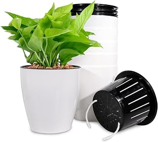 HWASHIN 7.1 Inch Self Watering Planters Set of 6, Plastic Flower Plant Pots Modern Decorative Indoor Pot for All House Plants, Flowers, Herbs, African Violets, Succulents