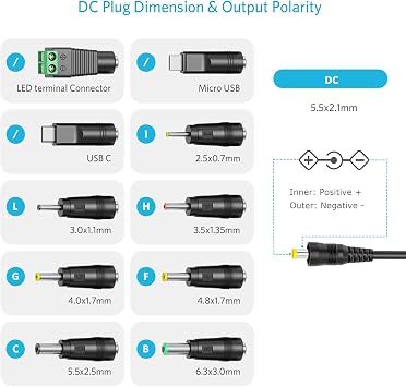 Belker 45W 5V 6V 7.5V 9V 12V 13.5V 15V Universal AC DC Power Supply Adapter with USB C tip for LCD LED Strip Light Router CCTV Camera - 1A 2A 3A 3000mA Amp - Fast USB Charging Port 5V 2A