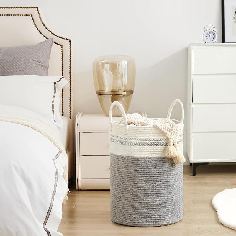Image of Jute Cotton Rope Laundry Basket with Handles, Large Tall Clothes Hamper for Bedroom, Baby Nursery, Bathroom, Laundry Room & Home Storage Organizer (14x18 Inch, Grey White Mix)