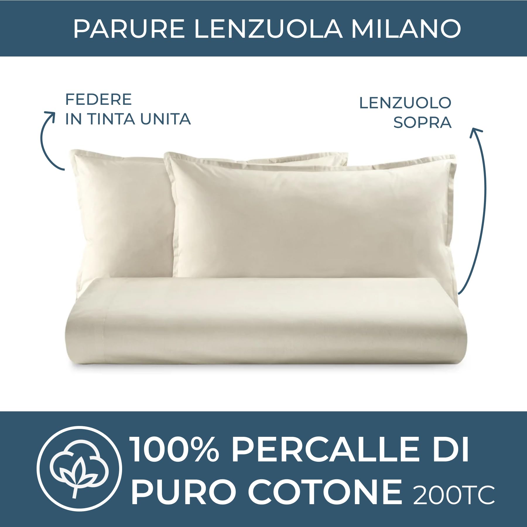 Lisola Set Lenzuola Matrimoniale, Completo Lenzuola in Cotone Percalle 200TC, Made in Italy, Lenzuola da Sopra 250x290cm + 2 Federa 50x80cm, Tinta Unita. Modello: Milano