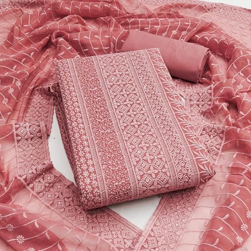 Image of Sidhidata Women's Faux Georgette Full Embroidery Lucknowi Chikankari Schiffli Work Unstitched Salwar Suit Dress Material With Embroidered Dupatta (DM Lucknowi Free Size)