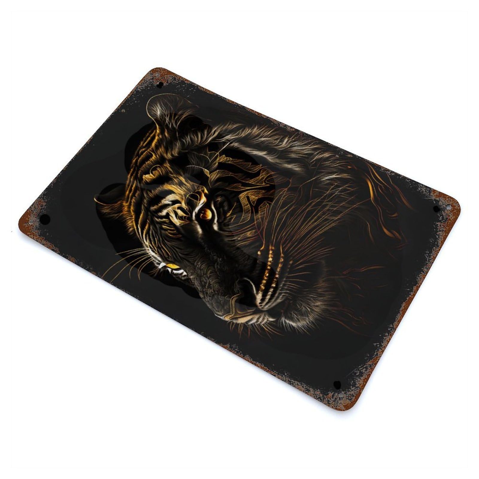 Rust Effect Black Gold Tiger Retro Metal Sign 11.8"x7.9", Farmhouse Wall Decor for Living Room, Hallway And Home Decor