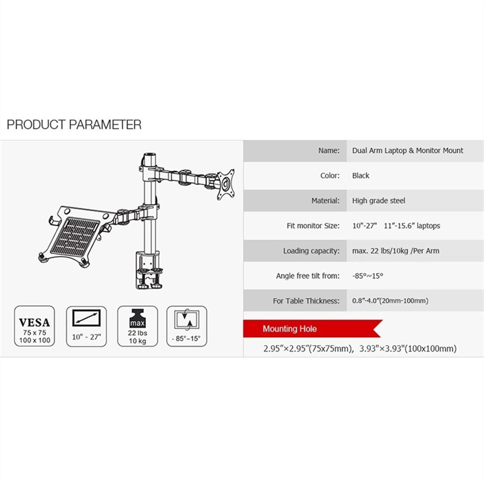 Supporto per Monitor per Laptop e Monitor a Doppio Braccio per impieghi gravosi, Bracci Regolabili in Altezza a Movimento Completo, Monta Laptop da 11-15,6" e Monitor da