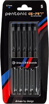 Pentonic G-RT Retractable Gel Pens, 5 Count, Blue Ink, 0.7 mm Fine Point Tip, Ergonomic Grip, Smooth Writing For Journaling, Pens for School & the Office 1016847