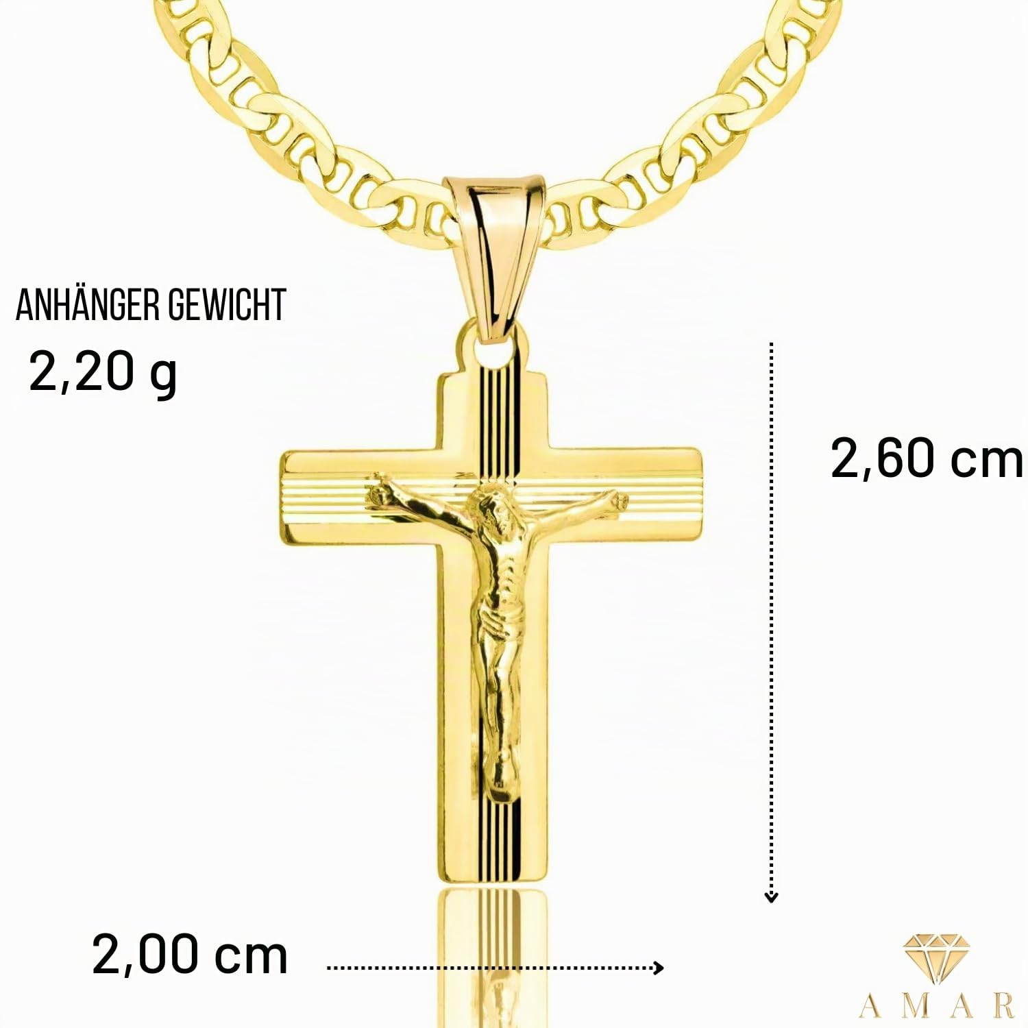AMAR PRAGNA Gold Damen/Herren Kette mit einem 925/585 Kreuz, original geflochten, Breite 3,8 mm, Goldkette- Halskette, kreuz kette gold 585
