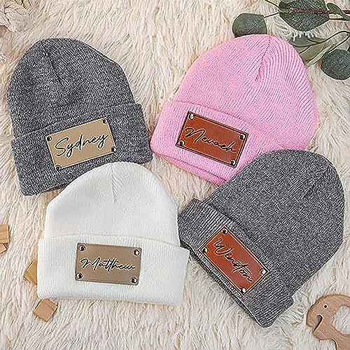 Personalized Leather Patch Baby Beanie Name Custom Beanie Cap Warm Knitted Beanie Hat for Newborns Kids Toddler Adults2