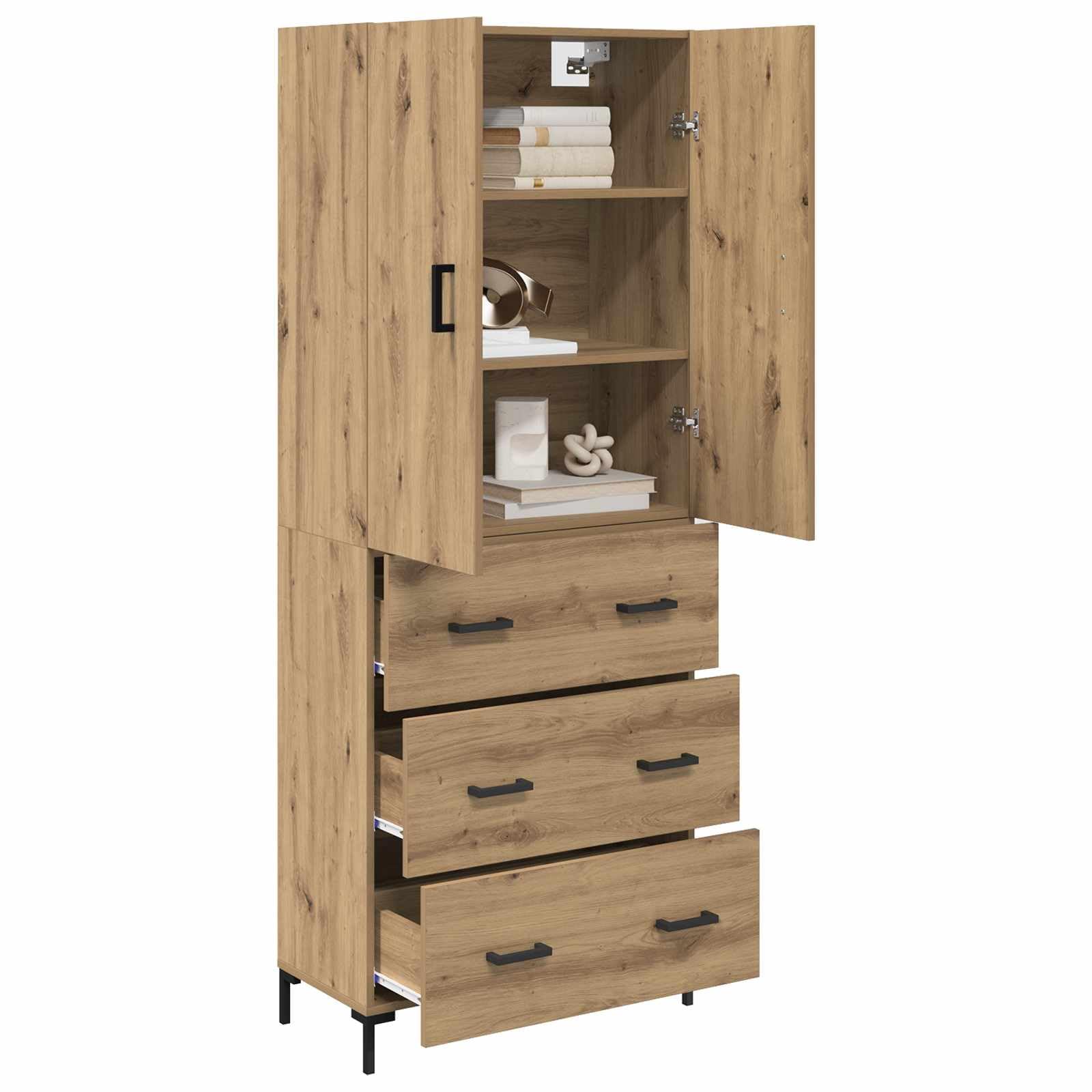 Armadietto alto di alta qualità in rovere Artisan, 69,5 x 34 x 180 cm, con cassetti e ante per soggiorno, sala da pranzo, corridoio, ufficio
