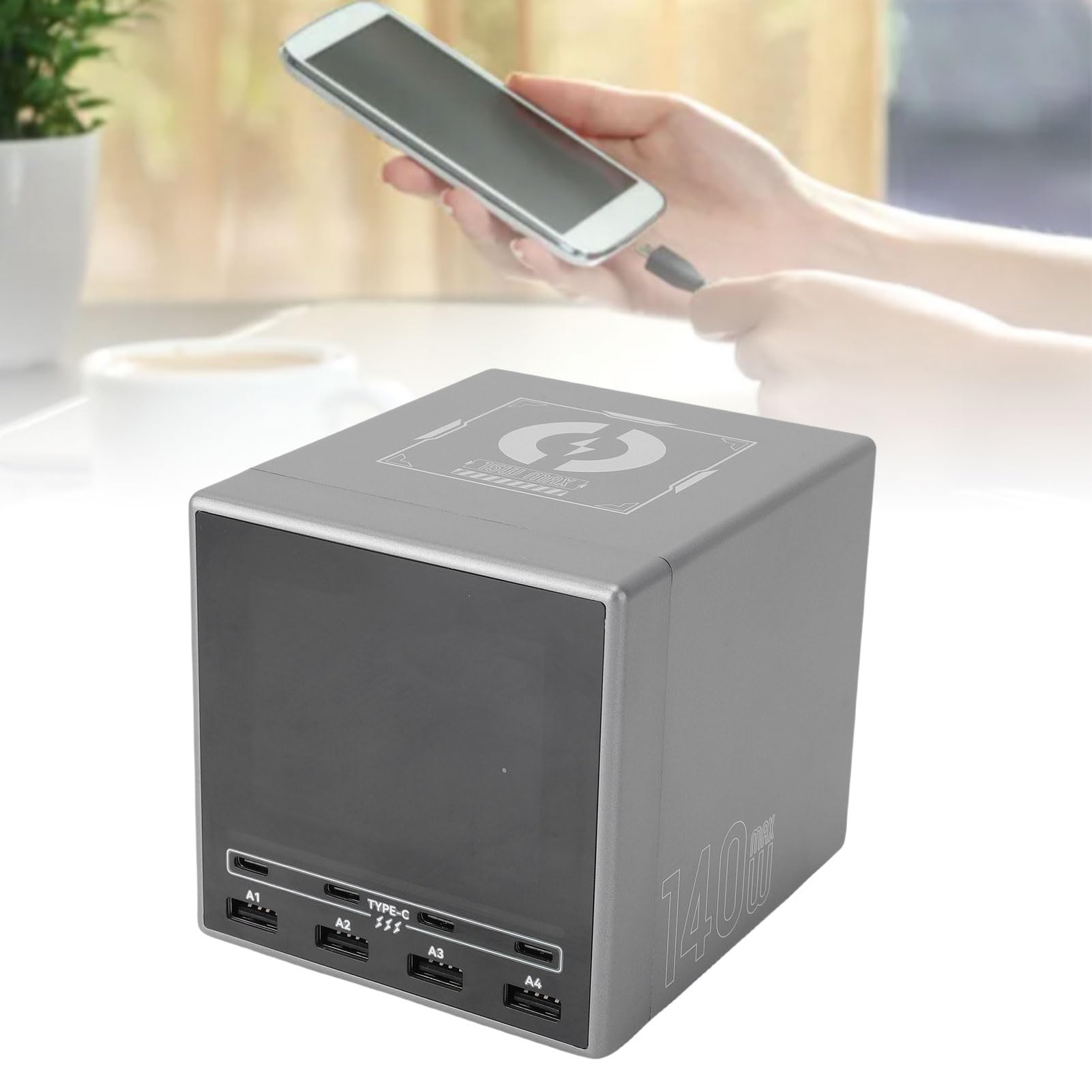 Ejoyous Stazione di Ricarica Wireless USB da 140 W, Hub Caricabatterie Wireless USB A C PD per PC con Pad da 15 W, Display A Colori, Ricarica Rapida A 8 Porte per Scrivania, Ufficio Domestico (Spina
