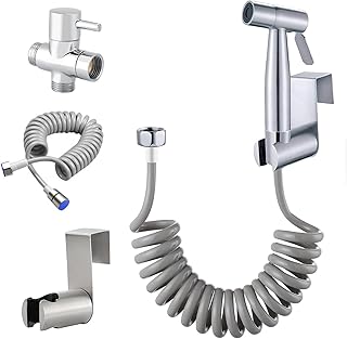 Kit Ducha de Bidé de Mano con Válvula Salida Doble G1/2",Set Pulverizador Inodoro de Acero Inoxidable,Rociador de Bidet para Higiene Personal y Limpieza WC con Manguera 1,5M y Soporte