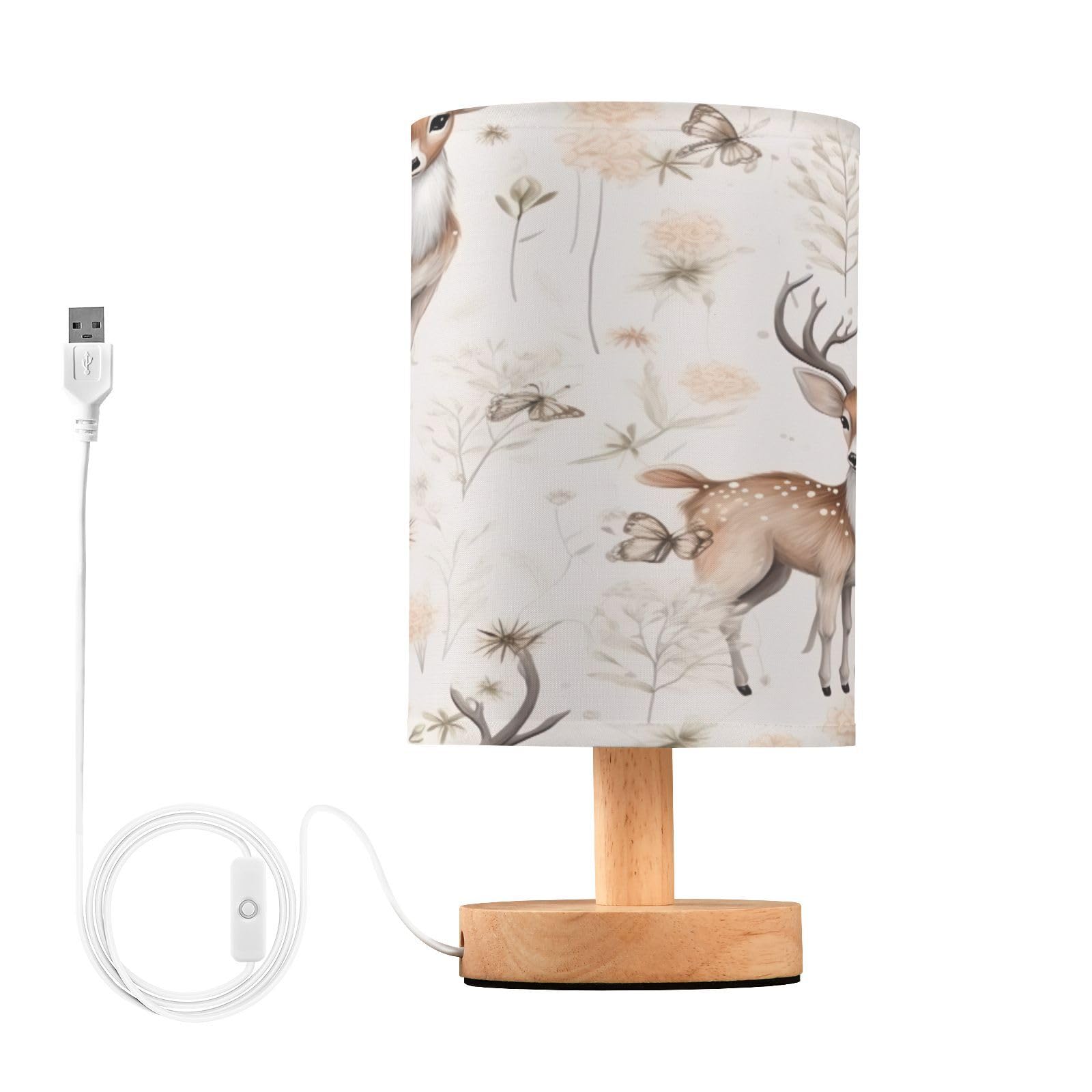 SDMKA Deer with Flowers Bedside Table Lamp for Bedroom, Minimalist Nightstand Lamp with Round Fabric Shade for Living Room, Office, No Bulb Required