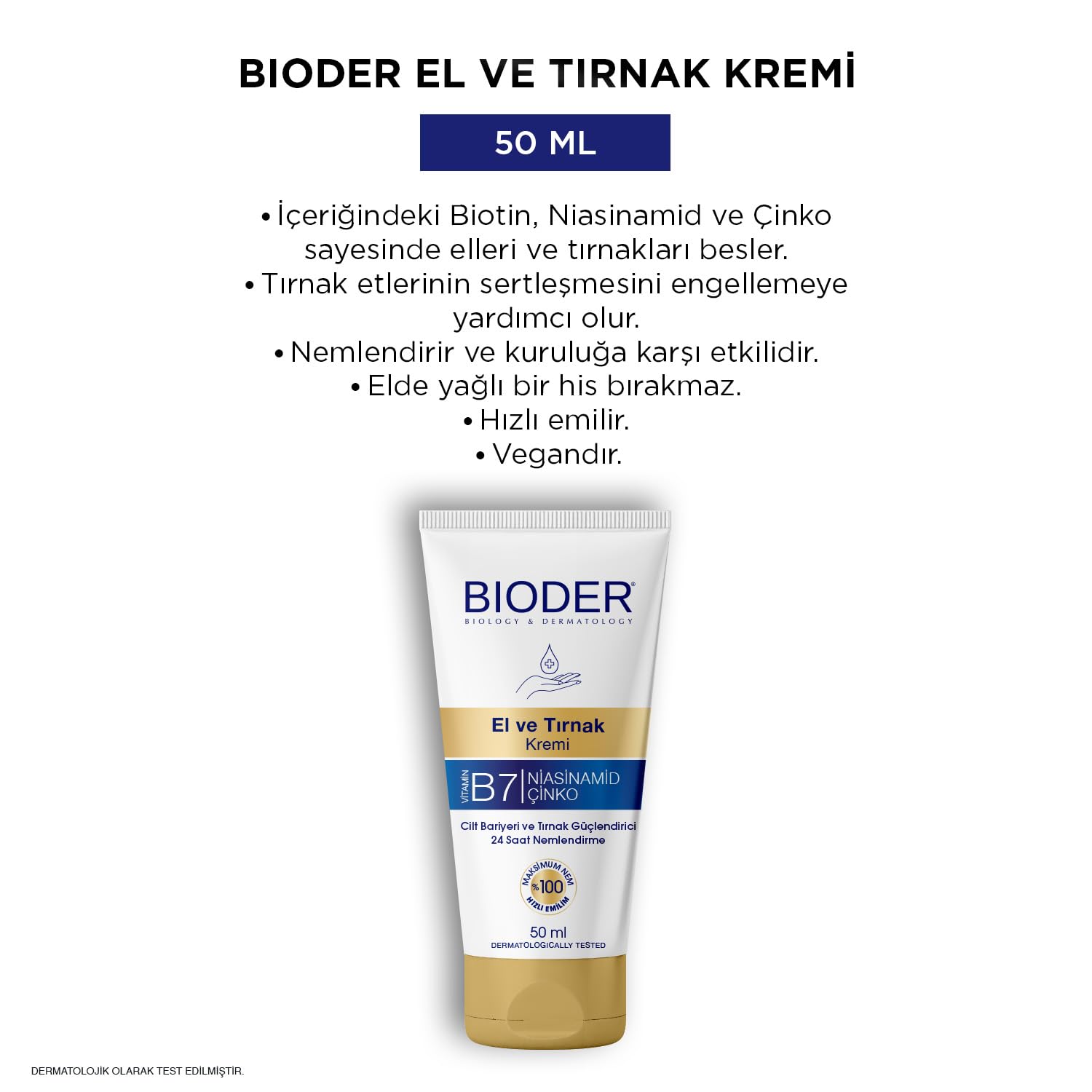 Bioder El ve Tırnak Bakım Kremi 50 ml – Biotin, Niasinamid ve Çinko İçerikli Nemlendirici, Tırnak Güçlendirici (2 paketi)