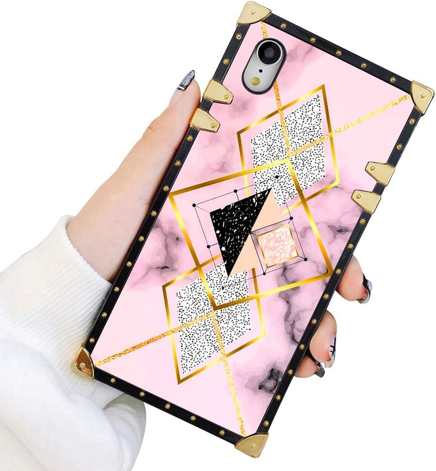 Square Case Compatible iPhone XR Geometric Marble Luxury Elegant Soft TPU Shockproof Protective Metal Decoration Corner Back Cover Case iPhone XR Case 6.1 Inch