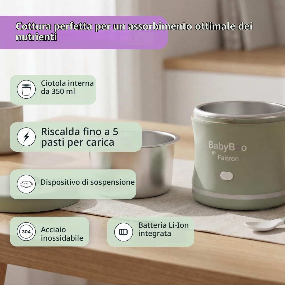 BABYBOO Scaldapappe Portatile + Set Contenitori Interni in Acciaio Inox Bundle - Scaldabiberon e Pappa con Batteria, Controllo App, 2 Contenitori + 2 Coperchi, Senza BPA, per Casa e Viaggio