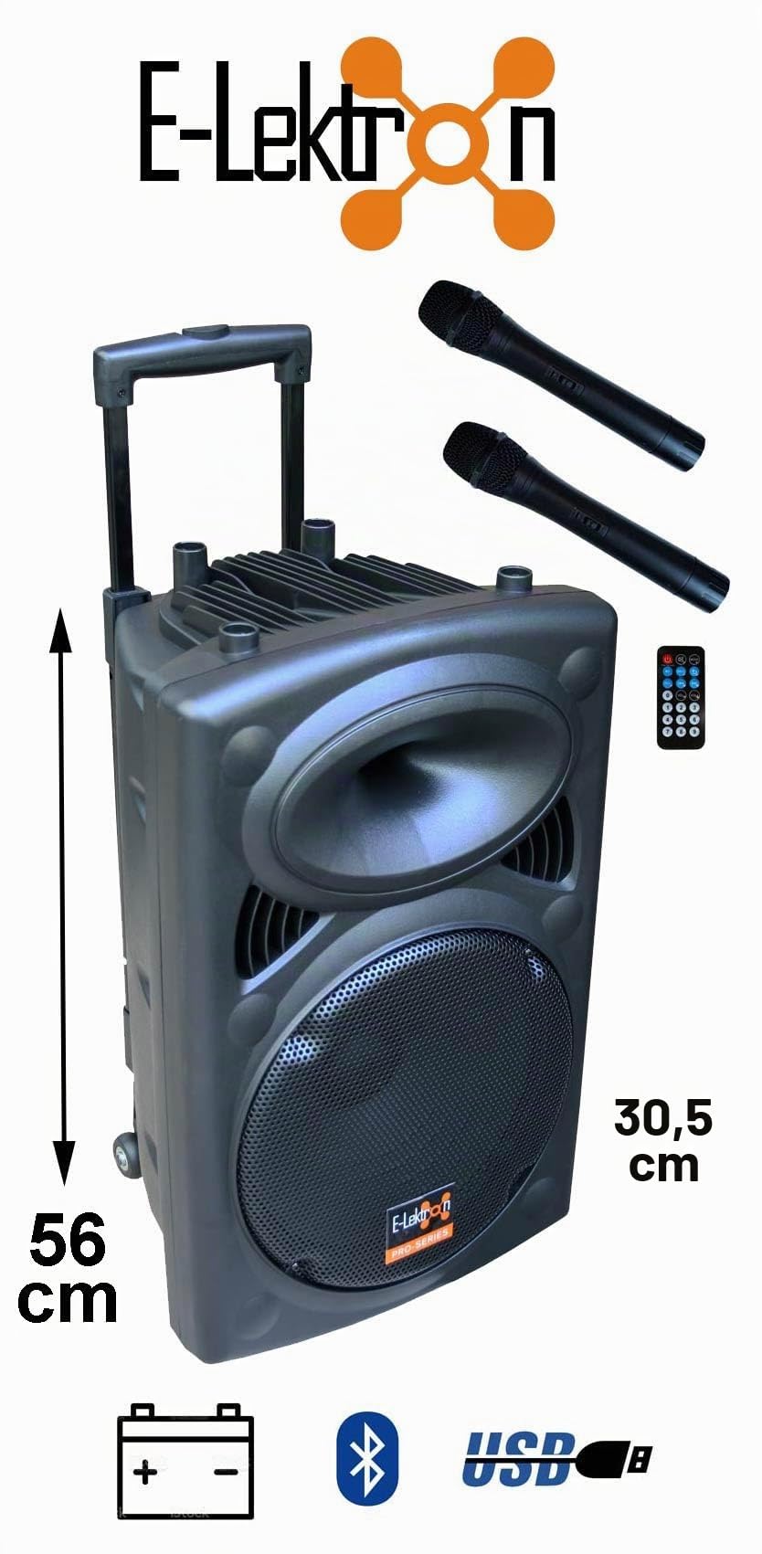 E-Lektron Bluetooth Karaoke Partybox mit 2 Funkmikrofonen – Mobile Lautsprecher EL30-M Komplettset mit Akku, USB, SD & Radio