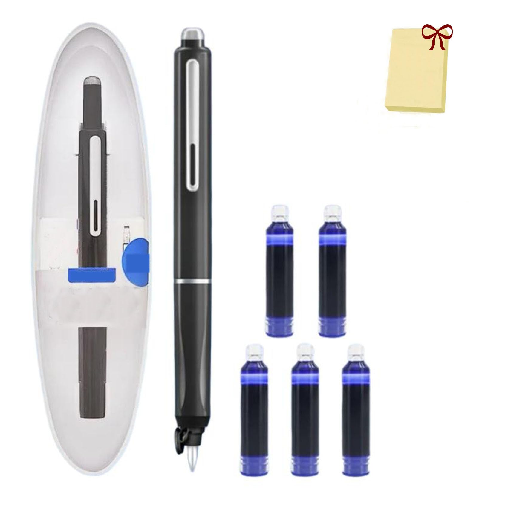 Retractable Fountain Pen, Multicolor Pressable Gel Pen, 0.38mm Blue&black Ink Barrel Includes 5 Refillable Ink Cartridges, Smooth Writing No Leaking (Black,Erasable Blue)