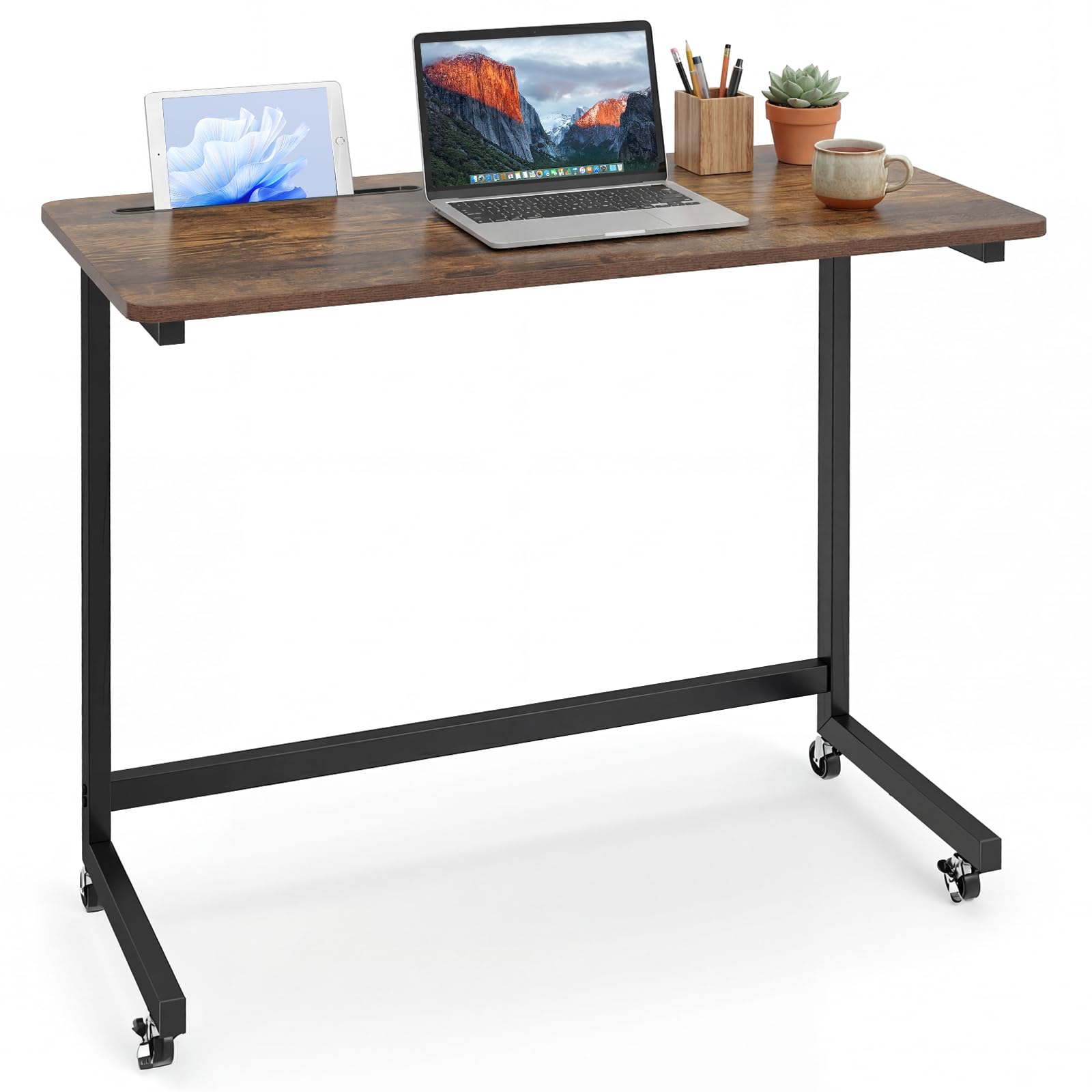 COSTWAY Tavolino da Divano e Letto, Tavolino Servitore con Ruote Bloccabili e Fessura per Tablet, Tavolo a Vassoio Salvaspazio con Struttura in Metallo per Mangiare, Lavorare e Studiare