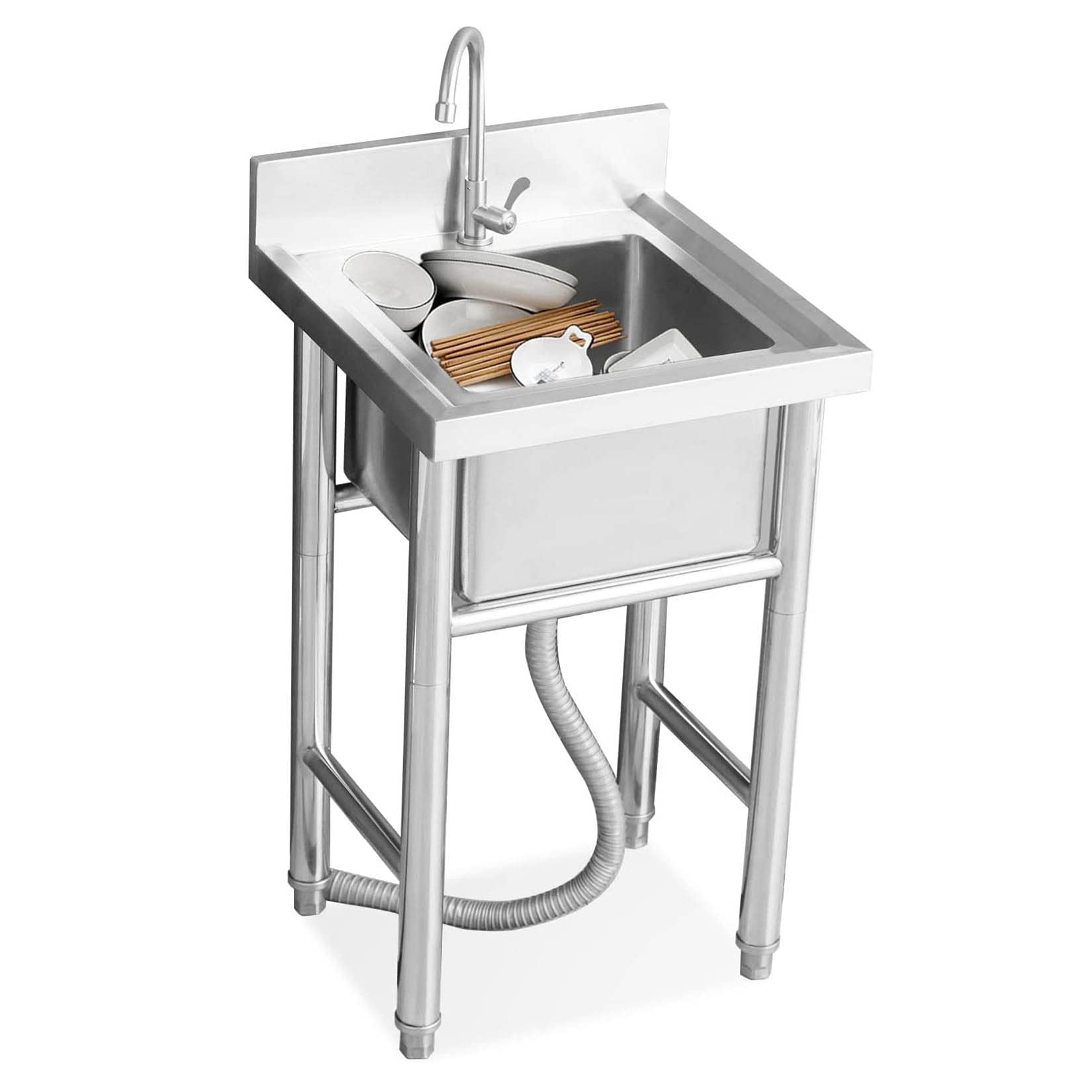 ZTCHSENZT Sink,Kitchen Utility Sink,Single Bowl FreeStanding Utility Sink, Commercial 304 Stainless Steel Kitchen Sink with Faucet and Backsplash, for Restaurant, Laundry Room, Gar