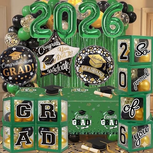 Image of Black and Green Graduation Decorations Class of 2026 - Graduation Balloon Boxes, Balloon Arch Garland Kit, Party Decorations 2026 for Any Grades