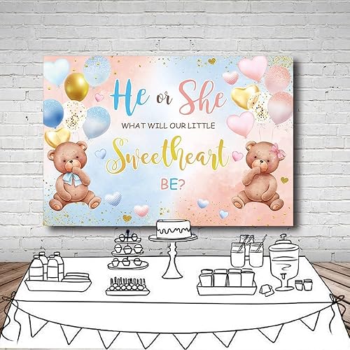 Miniatura 10 de MEHOFOND Telón de fondo para el día de San Valentín con diseño de oso para revelación de género con texto en inglés What Will Our Little Sweetheart