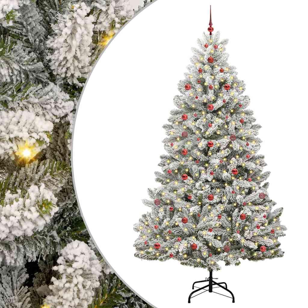 Sztuczna choinka, zielono-biała, 240 cm, metal PCW, zawiasy, realistyczne końcówki, paski LED, 8 trybów, do użytku wewnątrz i na zewnątrz, zestaw bombek choinkowych