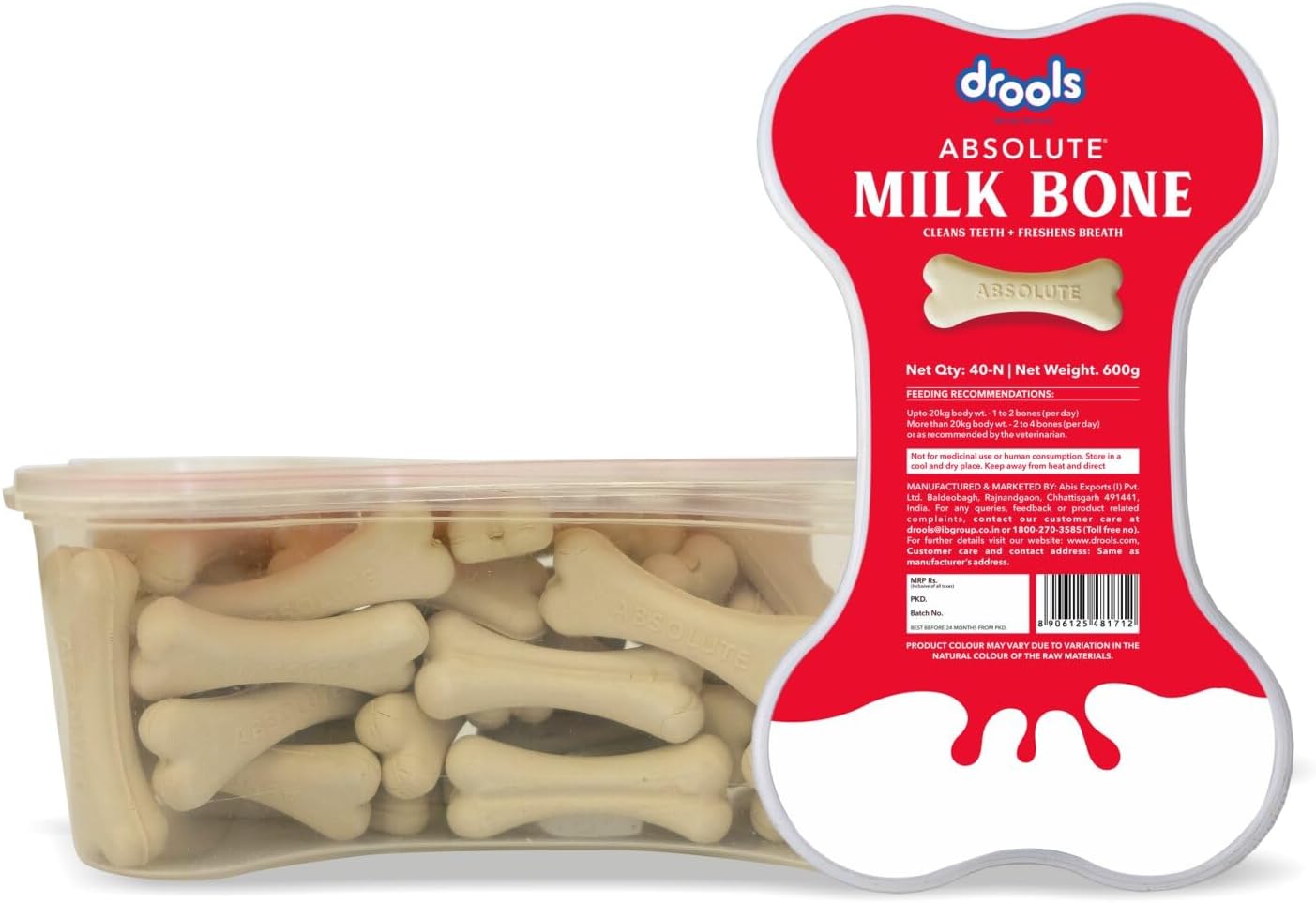 Drools Absolute Dog Bone Treats 600g Jar (40 Pieces) | Milk Flavour | Supports Strong Gums & Jaws | Fortified with Calcium & Phosphorus | Promotes Clean Teeth & Oral Hygiene (All Life Stages)
