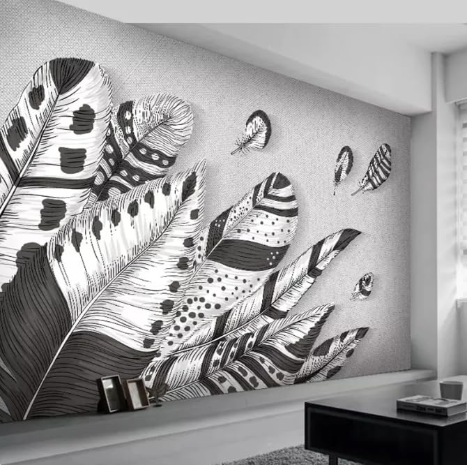 Papier peint moderne noir blanc plume 350CM pour salon et chambre