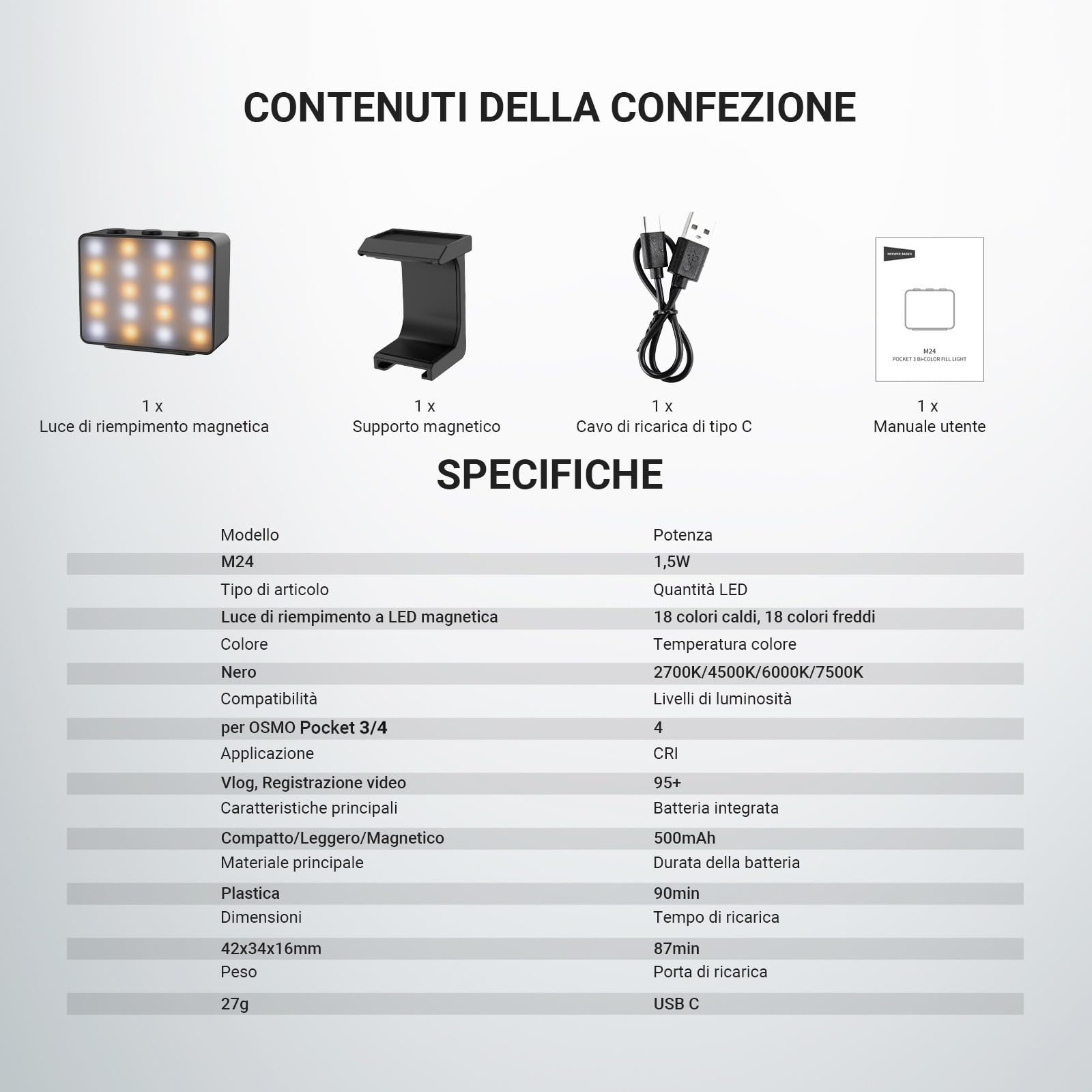 NEEWER BASICS Luce Ausiliaria Magnetica Bicolore per Fotocamera Compatibile con DJI OSMO Pocket 4&3,Mini Faretto Fotografico LED in Plastica Ricaricabile 1,5W per TikTok Vlog Selfie Riprese Video,M24
