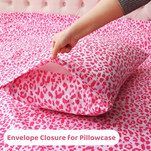 Image of Mooreeke Leopard Cheetah Printed Twin Bed Sheets, Soft Microfiber Bedding Sheets & Pillowcases, Deep Pocket Non-Slip Fitted Twin Sheet, Pink Animal Pattern Bedsheets