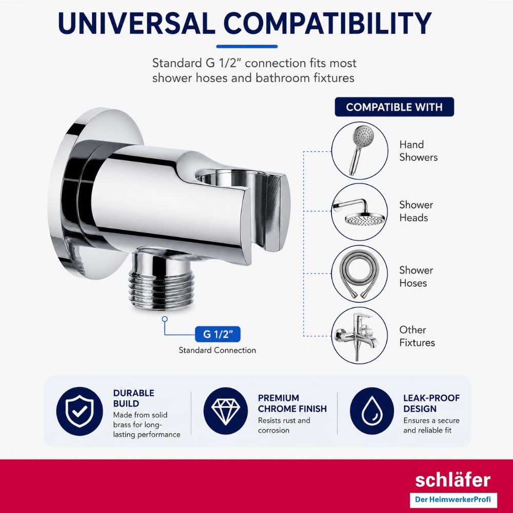 Schläfer 814320 | Presa Acqua Doccia Tonda con supporto per Doccetta Cromo, Uscita Acqua Parete G 1/2" - Ø 20,86 mm, Raccordo Gomito per Flessibile Doccetta in Ottone Design Moderno