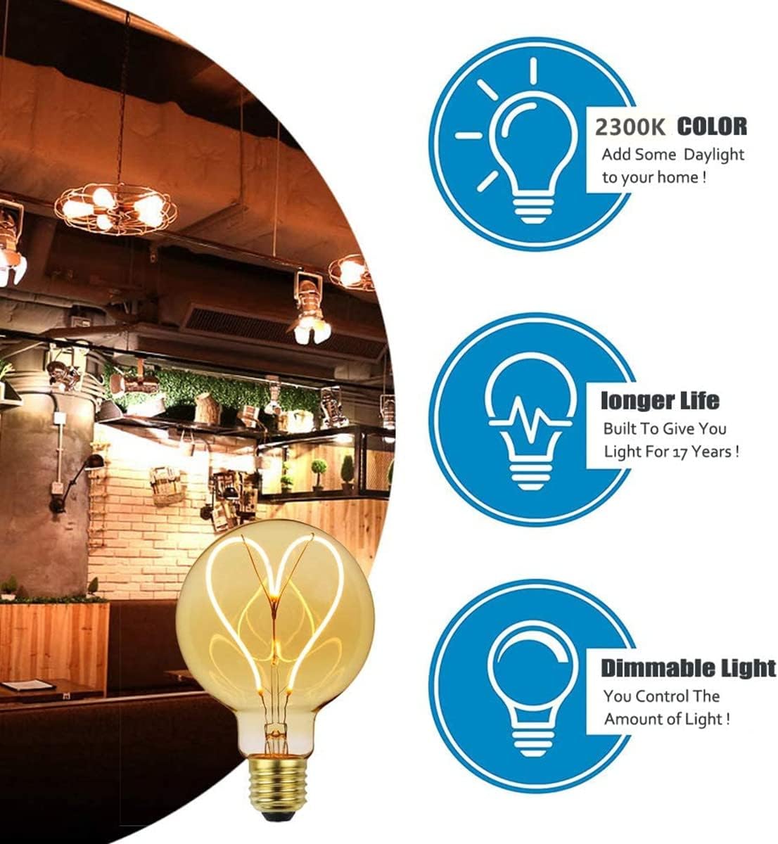 Lxcom Lighting G95 Led Edison Bulb 4W Dimmable Heart Led Filament Vintage 110/130V E26 Decorative Light Bulb,2300K Warm Yellow Amber Gold Glass,Pack of 2