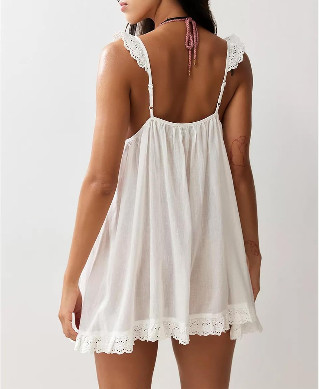 Women Y2k Lace Trim Babydoll Mini Dress Cute Square Neck Ruffle Short Sundress Flowy Aesthetic Backless Dresses - Image 5