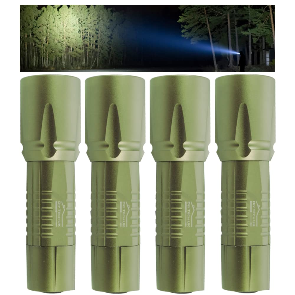 DIY TECH UK - Super Bright LED Torch - 300m Range - 4-PACK - Next Generation LED Technology - 5 Functions - Tough - Mini 12cm Pocket Torch - Anti-Slip - Aerospace Grade Aluminium Body - Gun Metal Grey