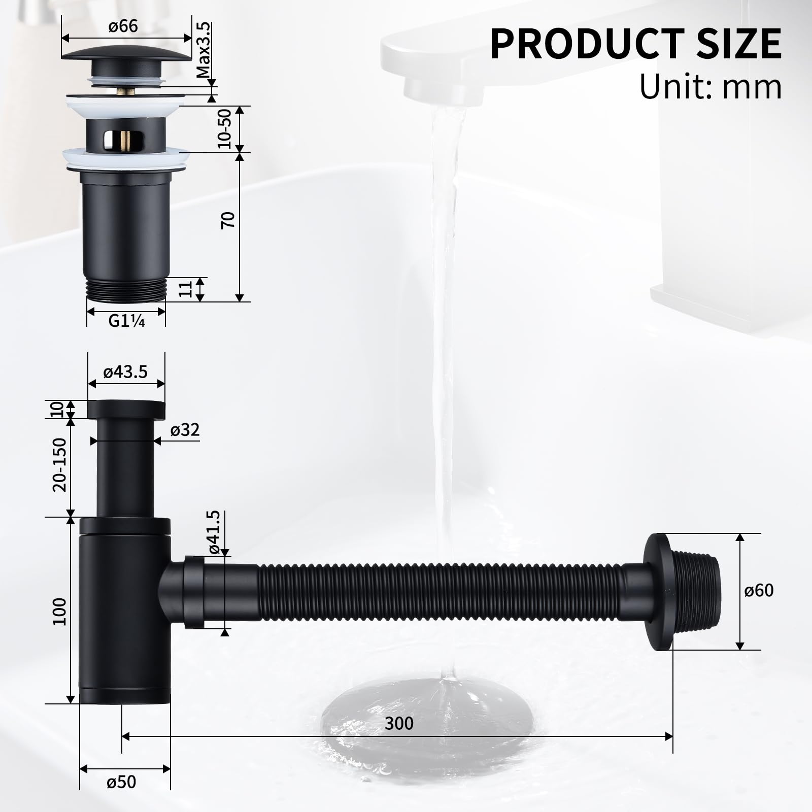 HOMELODY DiseñO De SifóN con VáLvula De Drenaje De Fregadero Negro Mate - SifóN De LatóN Universal - Incluye TapóN De Lavabo Y Abertura De Limpieza - SifóN De Lavabo, SifóN De Fregadero De Cocina