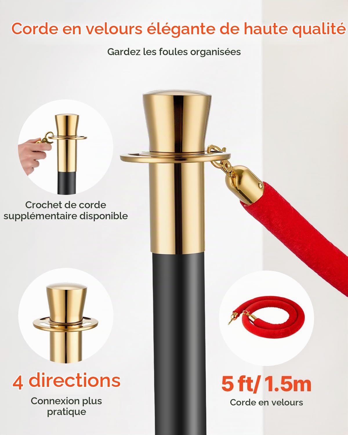 VEVOR Poteau de guidage, 6 pcs, barrière de balisage pour contrôle de foules, avec base creuse, 4 cordes velours rouge et poteaux noirs en acier inoxydable, pour théâtre, mariage, fournitures de fête