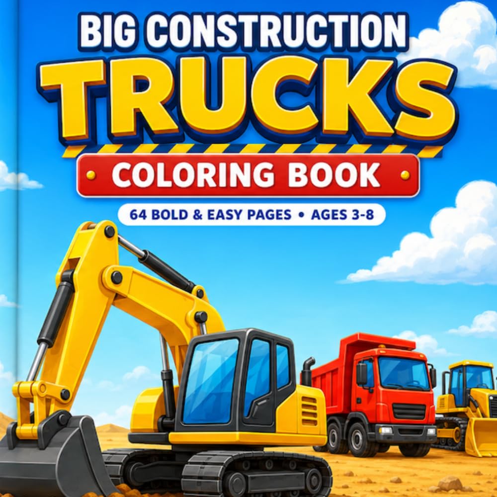 Big Construction Trucks Coloring Book for Kids: 64 Bold and Easy Coloring Pages for Ages 3-8