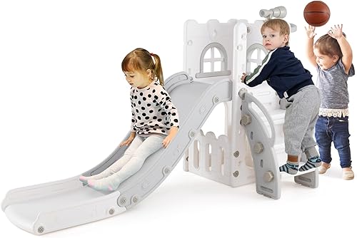 BABY JOY Tobogán para niños pequeños, juego de tobogán 6 en 1 para interiores con aro de baloncesto, telescopio, escalera de escalada y espacio de