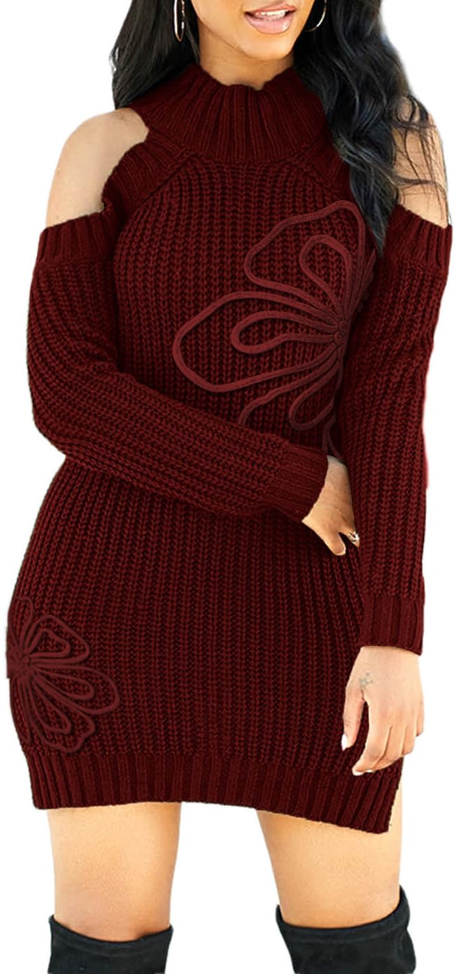 SxClub Women's Winter Sweater Dresses Sexy Cold Shoulder Pullover Dress