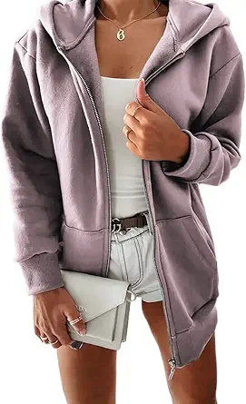 Yousify Women Casual Full Zip Up Plush Hoodie Comfy Loose Solid Sweatshirt Long Sleeve Jacket with Pockets